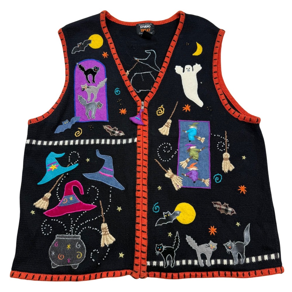 Vintage Designers Originals Studio Treat Halloween Sweater Vest Black Zip 1X